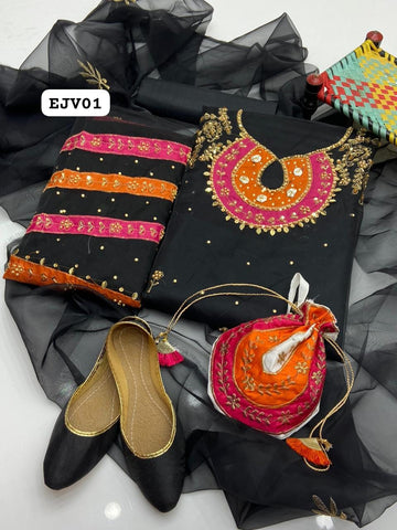 Stuff Organza Multi pplic Tilla Aari Beads Embroidery Shirt And Organza Boti Dupatta With Kattan SIlk Trouser 3PC Dress